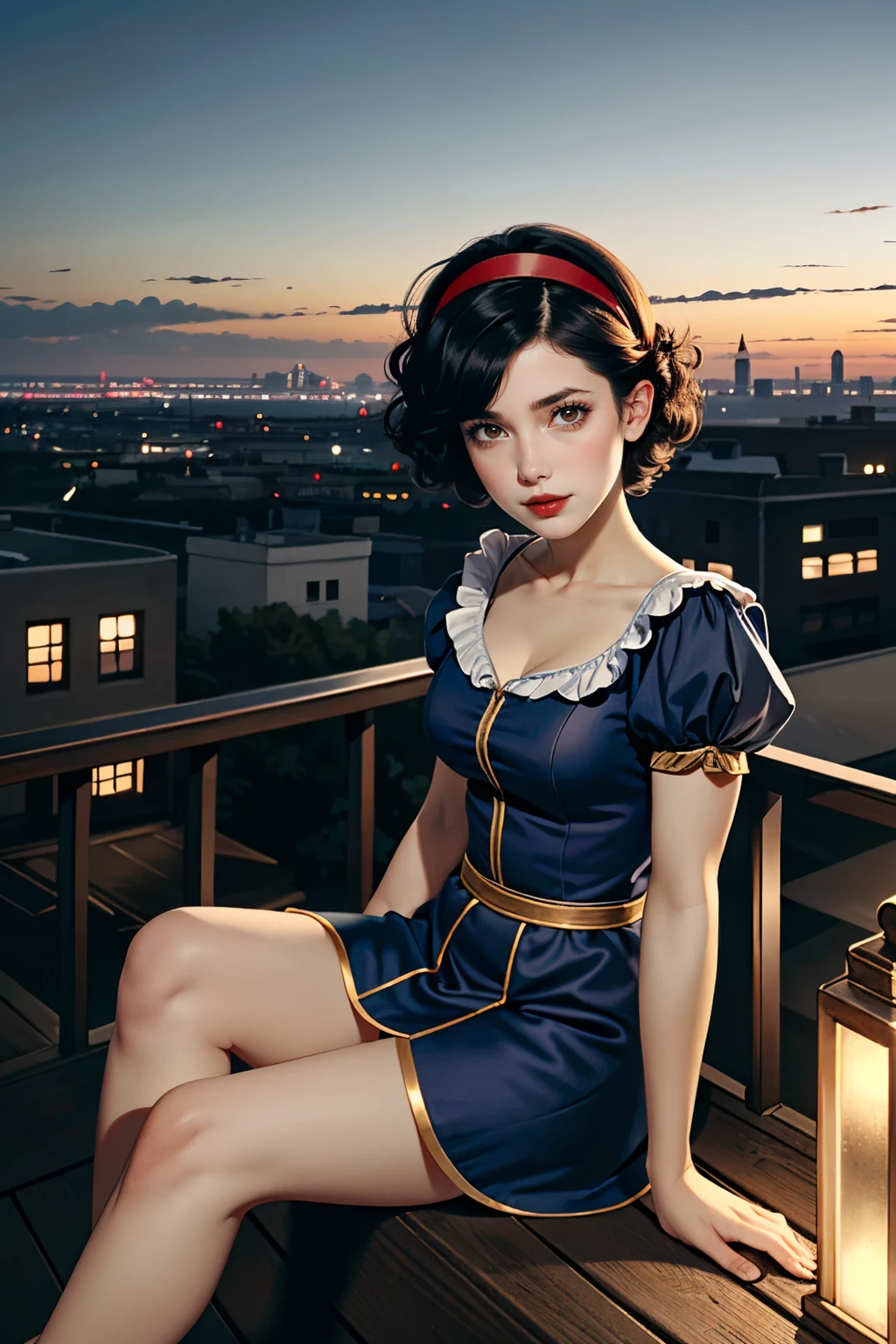 ((ultra detailed, masterpiece, best quality))
<lora:DisneySnowWhite:0.9>
DisneySnowWhite, 1girl, solo, black hair, short hair, brown eyes, red lips, dress, hairband, bikini, leaning forward with hands on knees, beach, sunrise