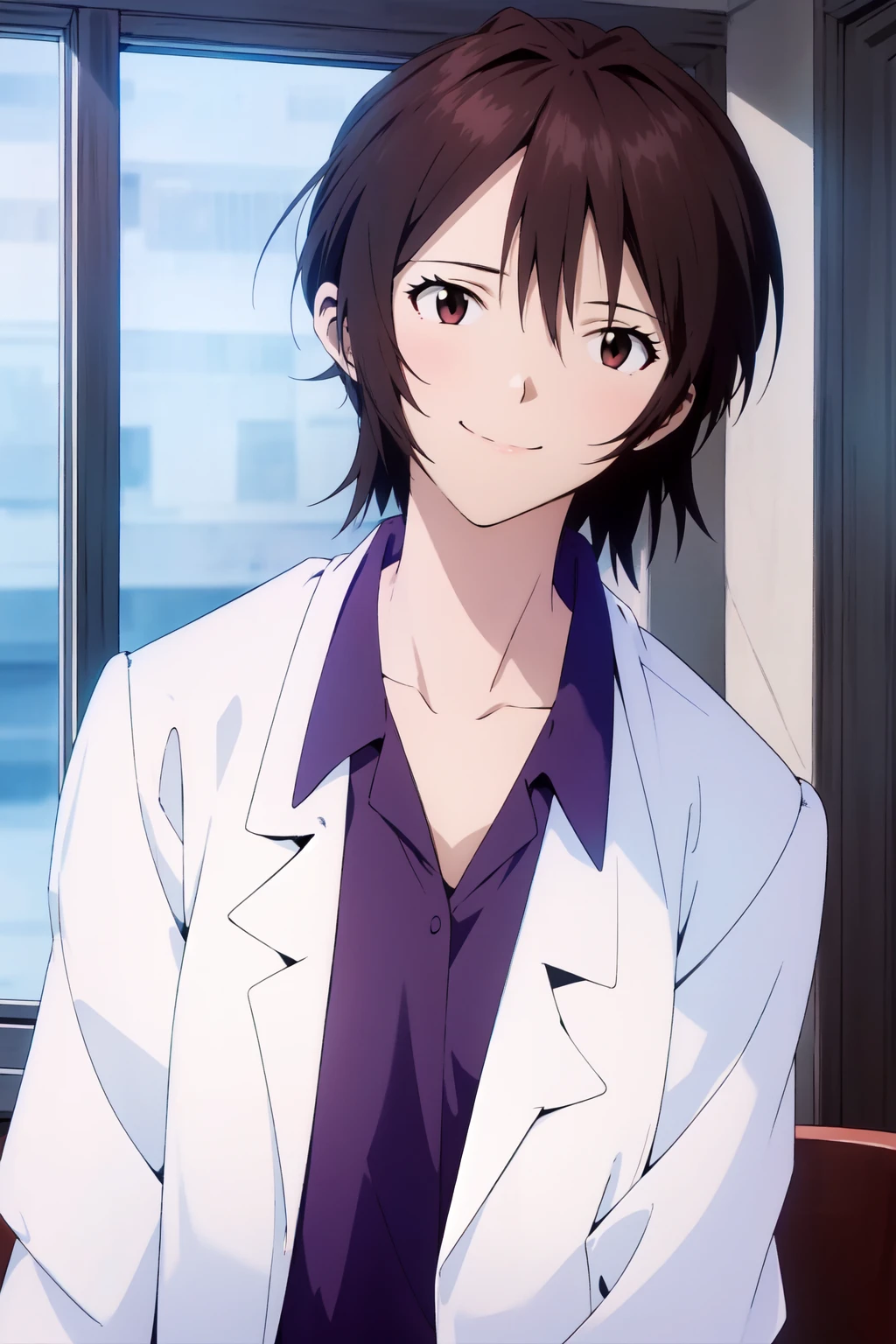 (RAW photo, best quality), 1girl, natural lighting <lora:eva_yui_ikari_v2_2-000004:1>, yui ikari, labcoat, smile,
