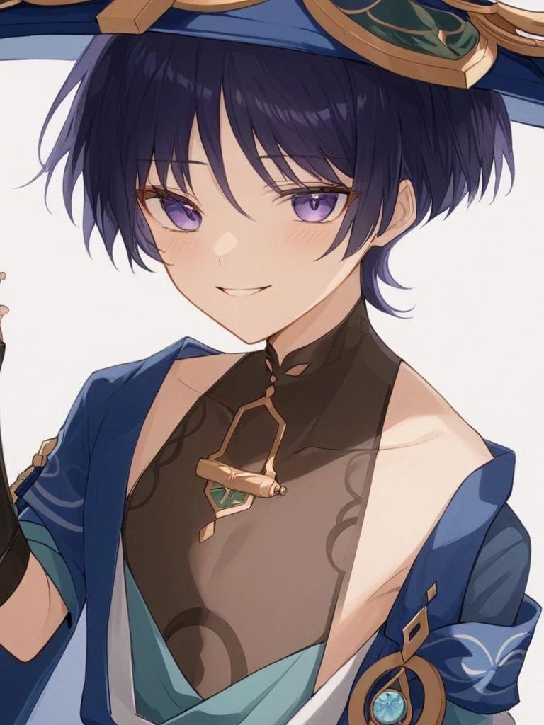 <lora:æ£åµ:1>ï¼1boy, male_focus, solo, hat, white_background, black_shirt, looking_at_viewer, jingasa, short_hair, purple_eyes, shirt, simple_background, closed_mouth, blue_headwear, smile, bangs, sleeveless_shirt, mandarin_collar, sleeveless, purple_hair, upper_body, short_sleeves,  open_vest, open_clothes, hair_between_eyes, gold, official_alternate_costume, vest, adjusting_clothes, blue_vest, collarbone, necklace, jewelry, bridal_gauntlets