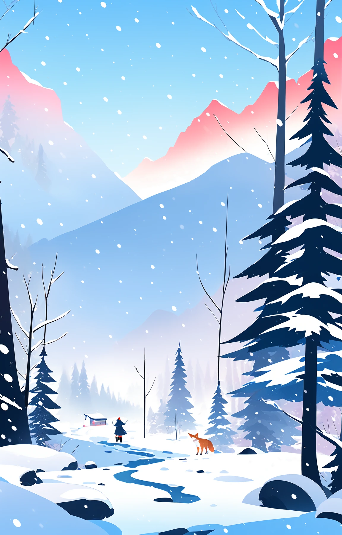 zgcj_ch, snow, outdoors, tree, scenery, winter, 1girl, sky, mountain, footprints, day, solo, nature, wide shot, forest, fox, snowing, cloud, from behind, blue sky<lora:MW_zgcjch_v1-000012:0.8>