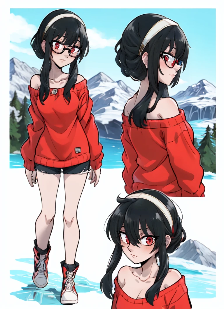 ((best quality)), ((highly detailed)), absurdres, (detailed eyes, deep eyes), (1girl), (glasses), <lora:CharacterDesign_Concept:.7>, (CharacterSheet:1), (multiple views, full body, upper body, reference sheet:1), cowboy shot, <lora:hairdetailer:1>, <lora:yor4:.85>, yor, black hair, short hair, short hair with long locks, bangs, sidelocks, white hairband, red eyes, off-shoulder sweater, red sweater, collarbone, (outdoors, on a glacier, noon), <lora:centinel303:.5>, centinel303_lora_BY_MAKIMARK