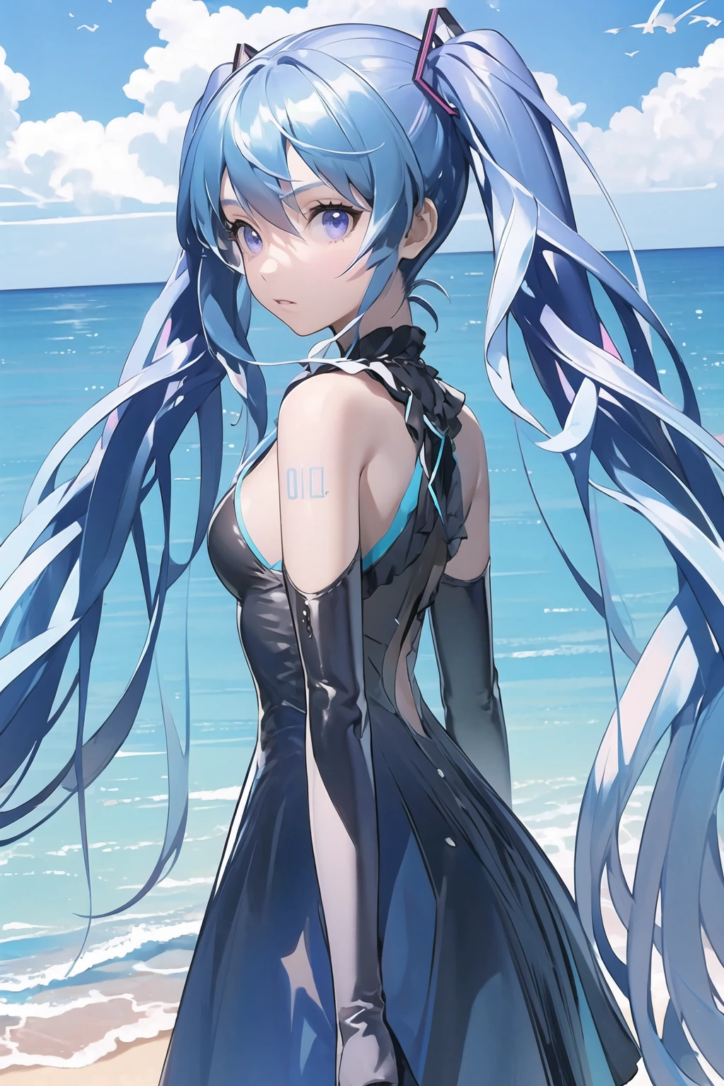 1girl,solo,full body,looking at viewer,long hair,hatsune miku,twintails,(black dress:1.1),<lora:test1:0.6>,neck ribbon,elbow gloves,black gloves,black thighhighs,blue hair,purple hair,purple eyes,in summer,sea,beach,cowboy_shot,serious,, masterpiece,best quality,highres,ultra high res,(abstract art:1.2),2d,(highlydetailed),(colorful),(intenseexpression),(fashionable),