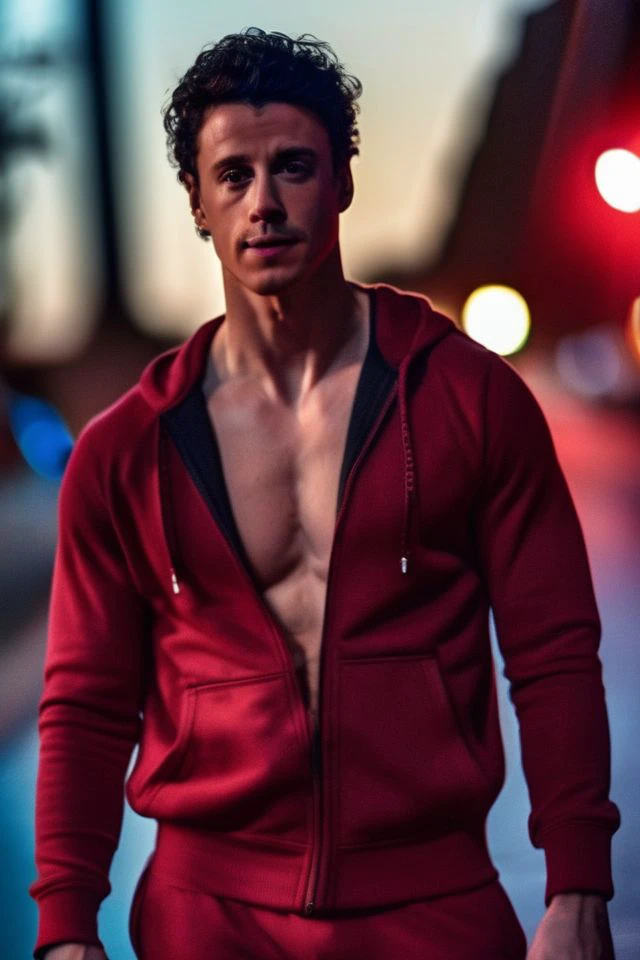 michael trevino a man <lora:Adam-Dimarco_Michael-Trevino-000001:1>, realistic photo in a worn ((skin-revealing skimpy erotic red tracksuit, massive hairy pecs)), big pecs, big arms, bulge, VPL, ((light bokeh)), intricate, (steel metal [rust]), elegant, erotic, exuding sexual energy, homoerotic, sharp focus, photo by greg rutkowski, soft lighting, vibrant colors, (masterpiece), ((streets)), (detailed face), looking at viewer, light smile, night, walking towards viewer, cinematic lighting, beautiful lighting, cinematic lighting, (hazy filter, film grain:1.2)