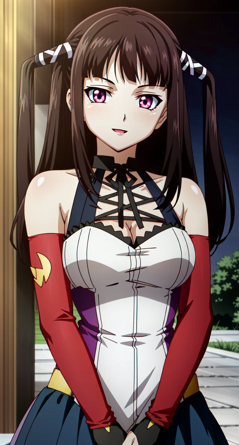 (extremely detailed CG unity 4k wallpaper),(anime coloring),(masterpiece),(best quality),(ultra-detailed),(best illustration),(best shadow),(absurdres),(detailed background), <lora:OGT_Ruby_Toujo-v2:0.8> Ruby Toujo, 1girl, solo, elbow gloves, long hair, gloves, breasts, black hair, purple eyes, night, twintails, upper body, smile