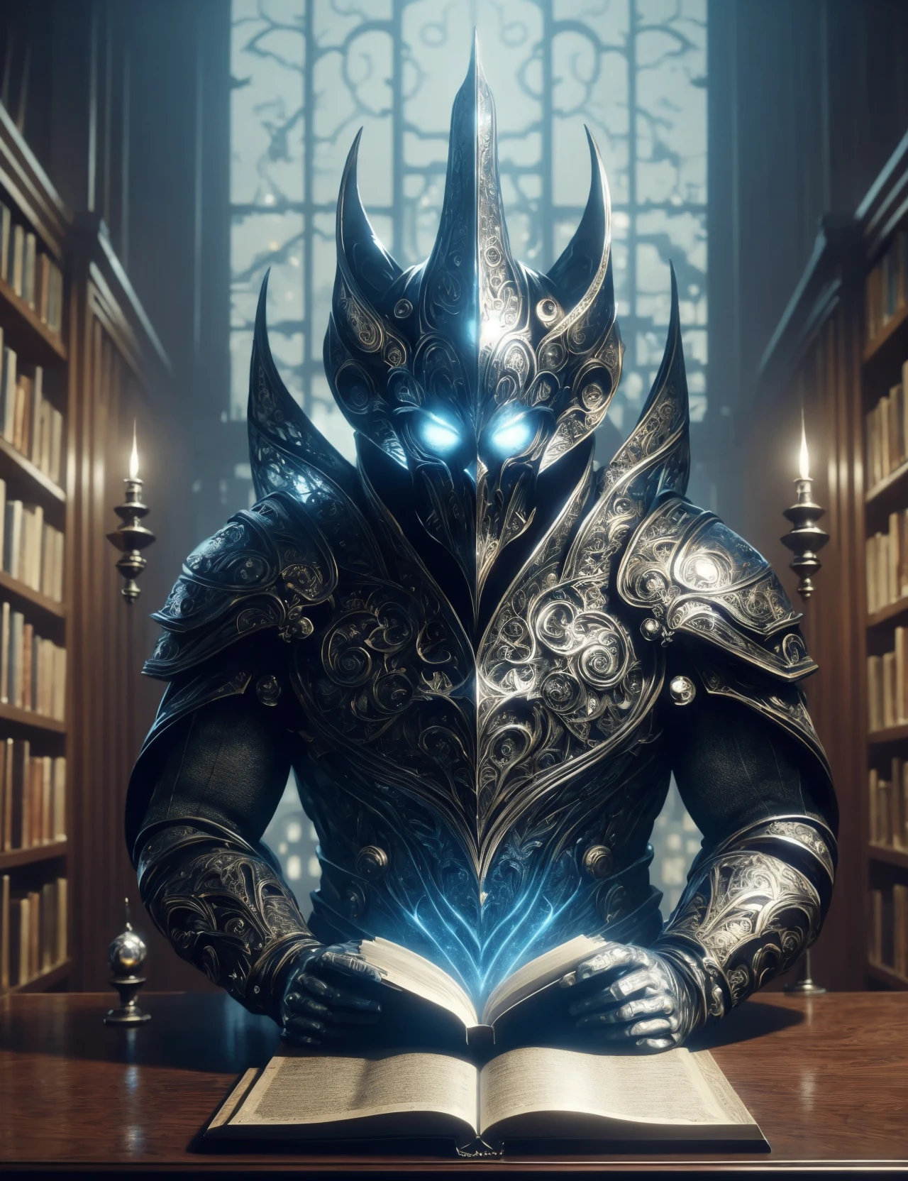 hyper detailed masterpiece, dynamic, awesome quality,DonMSt33lM4g1c enchanted scrolls, dust jacket, vellum, home library, made of steel <lora:DonMSt33lM4g1c-000008:0.8>