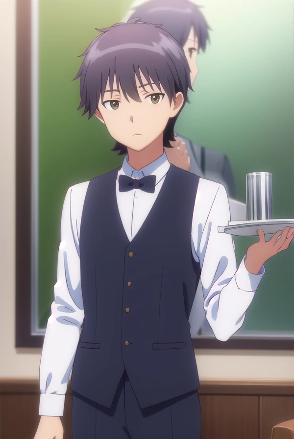 daisukehigashida, <lora:daisuke higashida s1-lora-nochekaiser:1>,
daisuke higashida, black hair, (brown eyes:1.3), male focus,
BREAK shirt, bow, pants, bowtie, black bow, waiter,
BREAK indoors, restaurant,
BREAK looking at viewer, (cowboy shot:1.5),
BREAK <lyco:GoodHands-beta2:1>, (masterpiece:1.2), best quality, high resolution, unity 8k wallpaper, (illustration:0.8), (beautiful detailed eyes:1.6), extremely detailed face, perfect lighting, extremely detailed CG, (perfect hands, perfect anatomy),