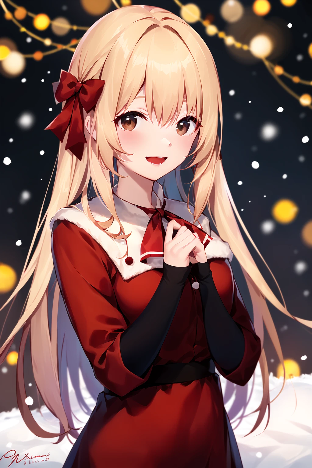 1girl, long_hair, solo, christmas, blurry, snowing, snowflakes, blurry_background, looking_at_viewer, bangs, christmas_tree, depth_of_field, merry_christmas, hair_ornament, light_particles, smile, signature, bow, dress, upper_body, red_ribbon, bokeh, blonde_hair, red_bow, snow, closed_mouth, artist_name, very_long_hair, red_neckwear, ribbon, brown_eyes, short_sleeves, blush <lora:style_OriginalPicture:-1>