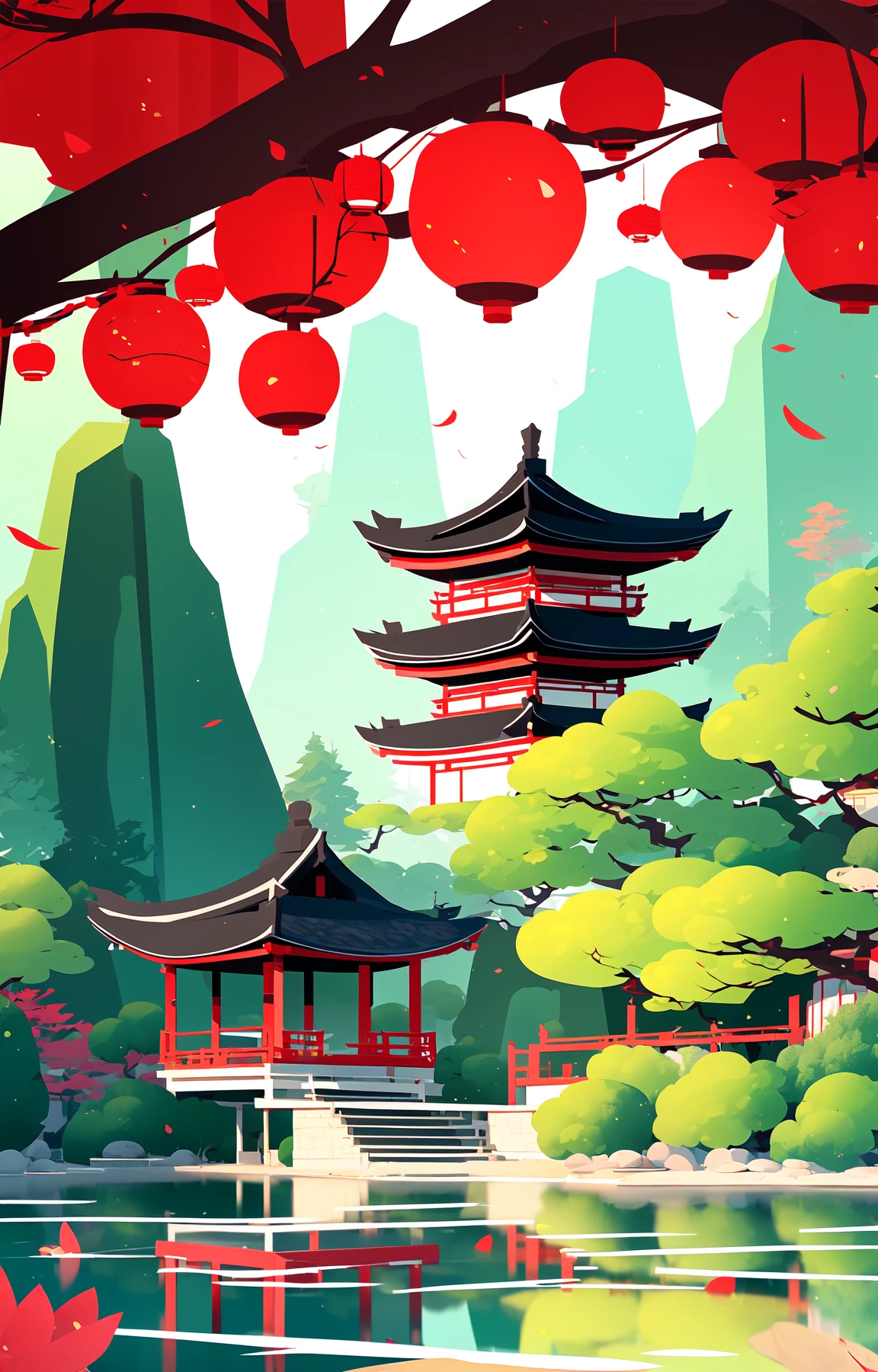 zgcj_ch, architecture, east asian architecture, tree, no humans, scenery, reflection, bridge, water, reflective water, pond, stone lantern, outdoors, petals<lora:MW_zgcjch_v1-000012:0.8>