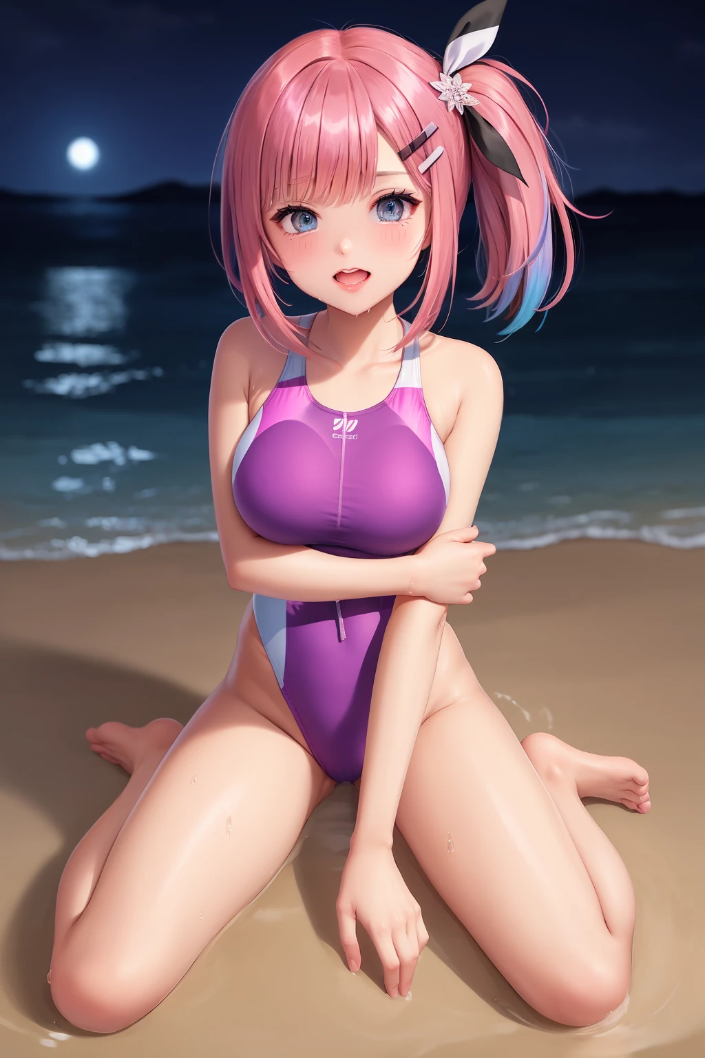 ((((ultra illustrated style:1.0)))),best quality,best animated,masterpiece,ray tracing, global illumination,1girl, swimsuit, solo, blue eyes, one-piece swimsuit, breasts, black one-piece swimsuit, competition swimsuit, sitting, outdoors, wariza, looking at viewer, hair ornament, barefoot, , long hair, hairclip, side ponytail, purple hair, collarbone, wet, multicolored hair, highleg swimsuit, covered navel, highleg, ribbon, red hair, hair ribbon, wet swimsuit, bare legs, gradient hair, large breasts, pink hair, :t, medium breasts, virtual youtuber, full body
<lora:right arm grab-000007:0.7>