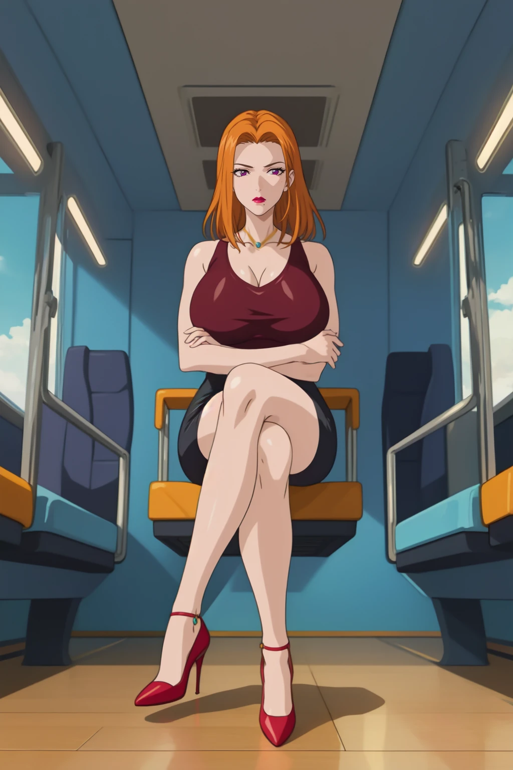 (masterpiece, highres, high quality:1.2), cinematic lighting, detailed,
NaomiSakamoto, 1girl, mature female, solo, sitting, crossed legs, (crossed arms:1.2), full body,
determined, looking at viewer,
orange hair, long hair lipstick, purple eyes, jewelry, (mole under mouth:0.8),
tank top, pencil skirt, high heels,
curvy, large breasts, thighs,
indoors, bus, day, sky, complex background,
<lora:NaomiSakamoto:0.9>