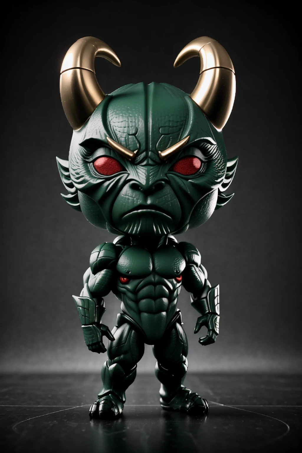 <lora:Funko:1> chibi, 3d render, 1boy, creature, humanoid form, scales covering the body, claws instead of fingers, tail dragging on the ground, reptilian eyes, horns protruding from the head, feral appearance, muscular build, primal and menacing presence