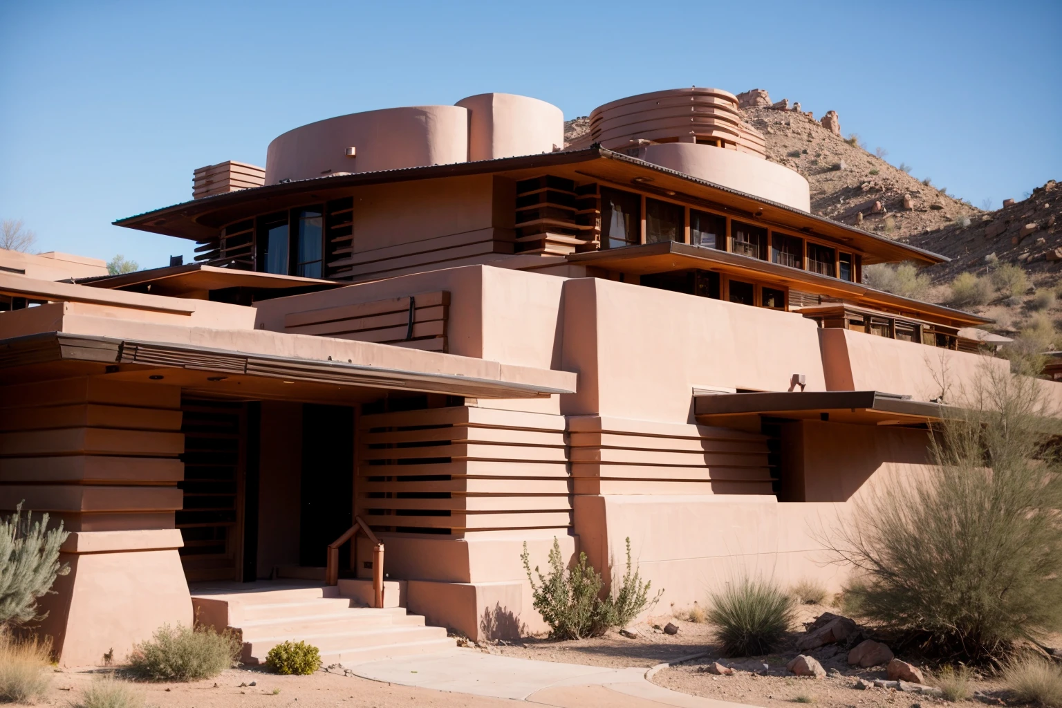 Raw photo of a frank lloyd wright style house, in the desert of arizona, natural gardens<lora:Frank_Lloyd_Wright_Style_Architecture:1.3>