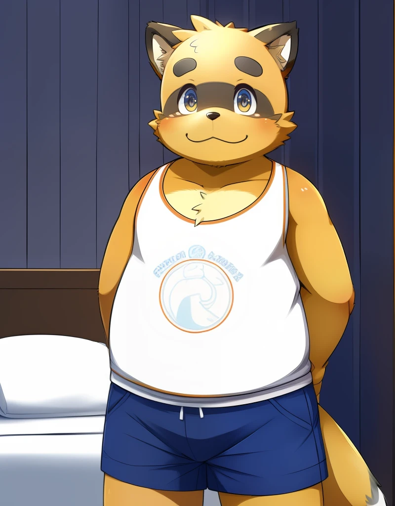 (((detailed eyes, detailed face))), (furry, yukiharu <lora:character_yukiharu_findigo_v1:0.9>, white belly, white chest), male, (solo), (plump, fat, chubby, overweight), (white tank top, print shirt, blue shorts), spreading, (arms behind back), smile BREAK (konzaburou, ukan_muri, cute), bedroom, (flat shading, [flat color], high brightness), 8k, UHD, masterpiece, (full body)