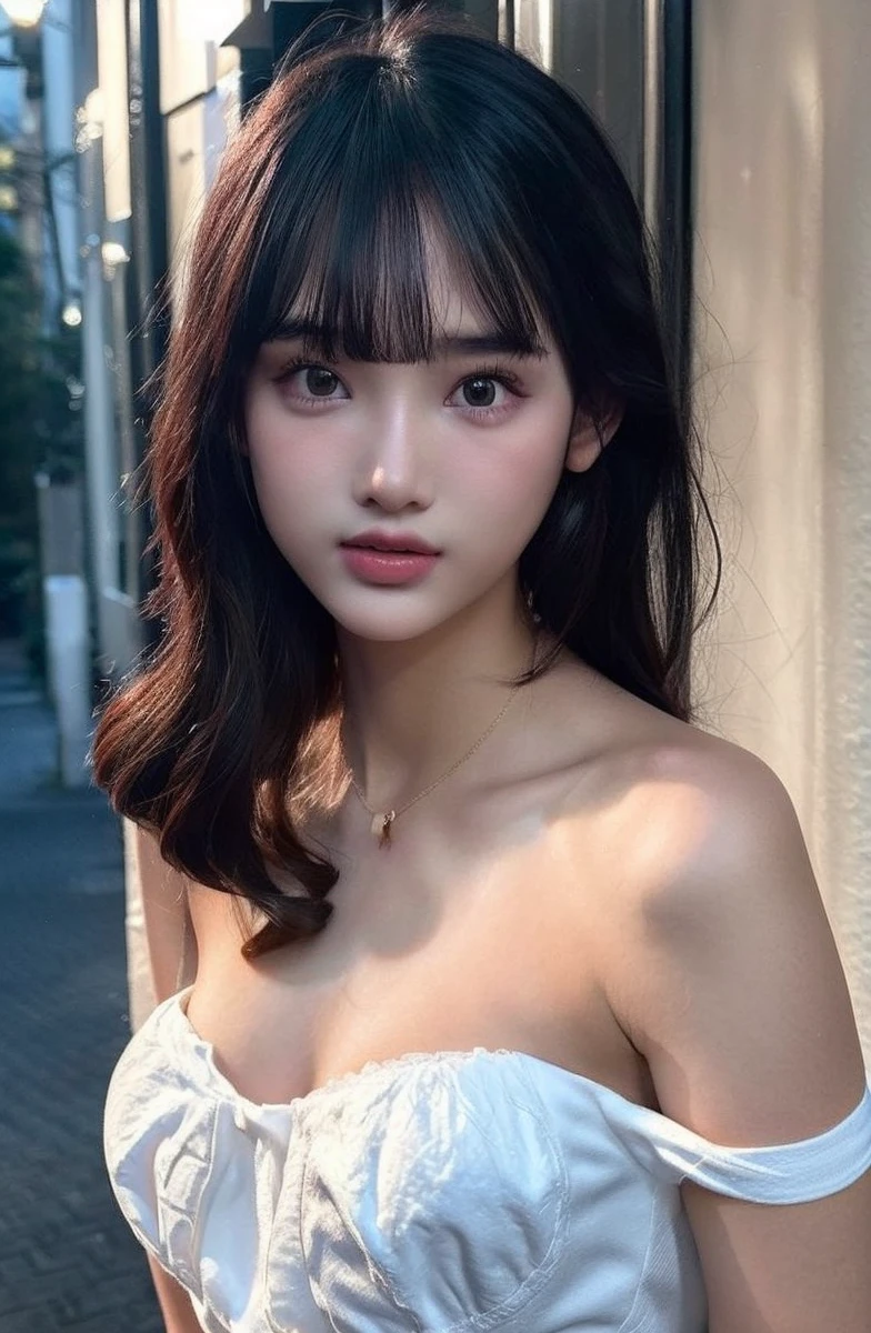 Best quality,masterpiece,ultra high res,(photorealistic:1.4),raw photo,1girl,in the dark,deep shadow,low key,cold light,blur background,offshoulder,Annalisa,