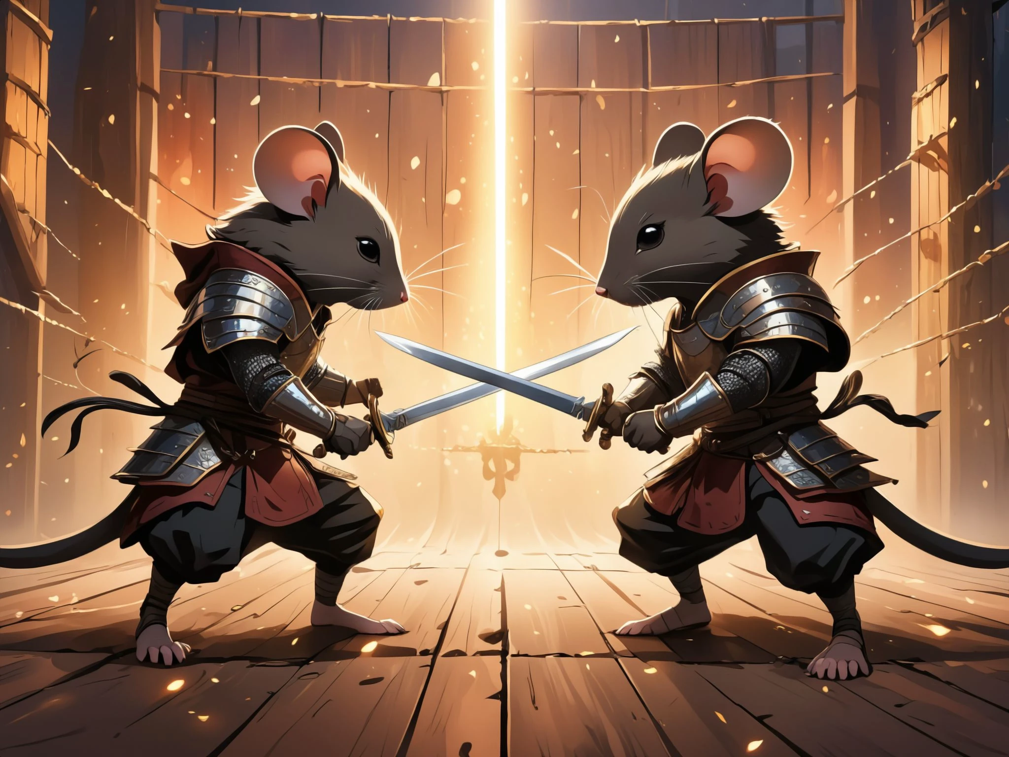 anime artwork cartoon of 2 mouse warriors ((having a sword duel standing apart facing each other swords raised in fencing combat, crouched low.)) preparing to attack, in intricate leather armor, grandiose design, volumetric lighting, refraction, looking to the side, Dark fantasy, sweating. ((Angry scowls on the faces)), (teeth showing), dark scene. . anime style, key visual, vibrant, studio anime, highly detailed