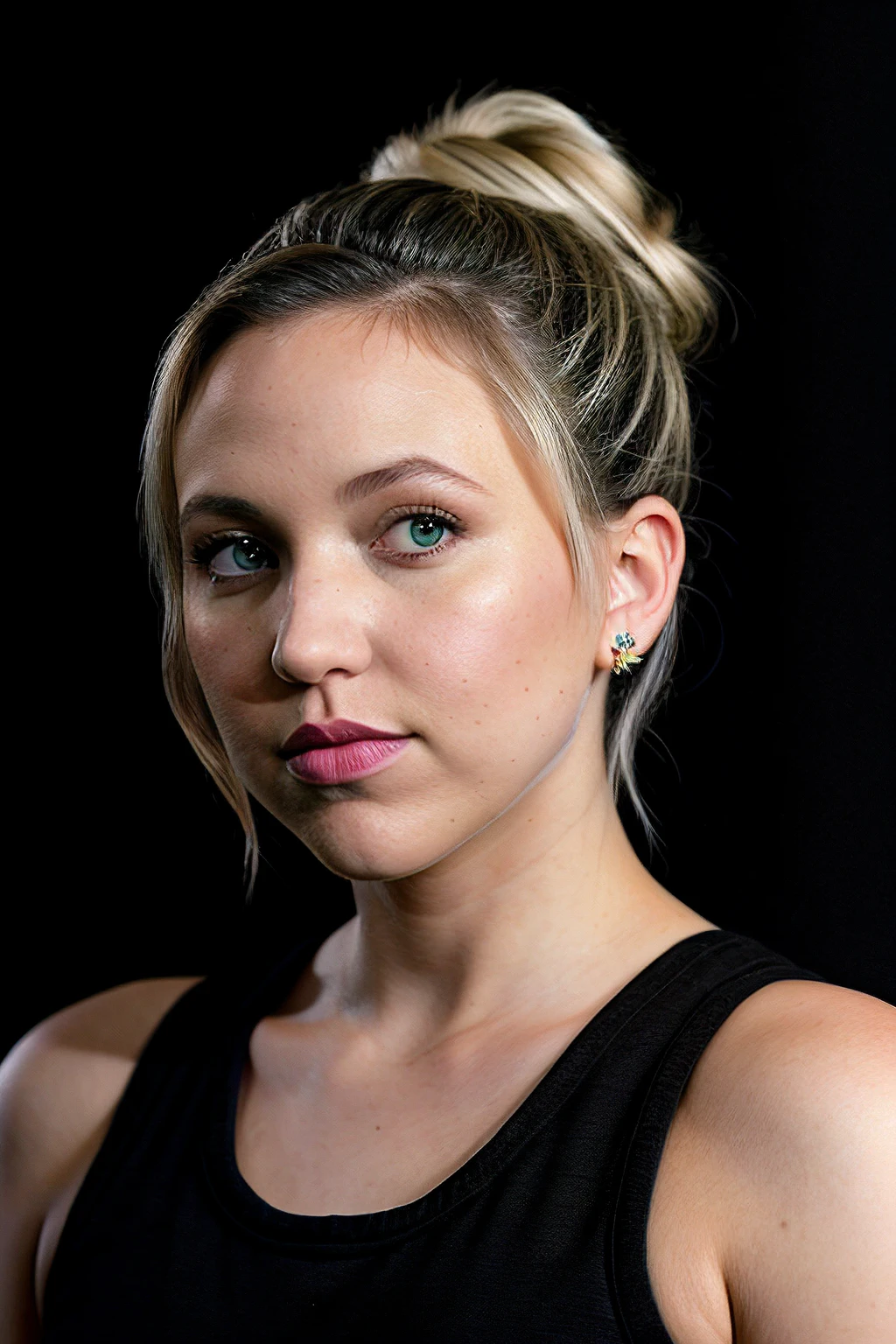 taylortomlinson, black background, blond hair, hair tied back, portrait, looking at viewer, realistic,
 <lora:TaylorTomlinsonSD:0.8>