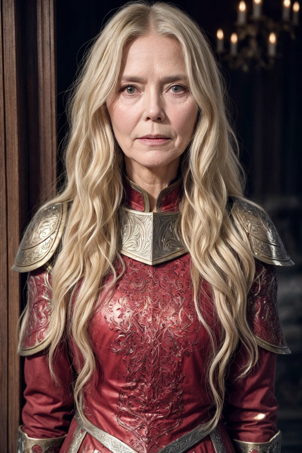 elderly [Dina Meyer | Heidi Klum | Elizabeth Olsen] wearing engraved bloody armor, long blonde wavy hair