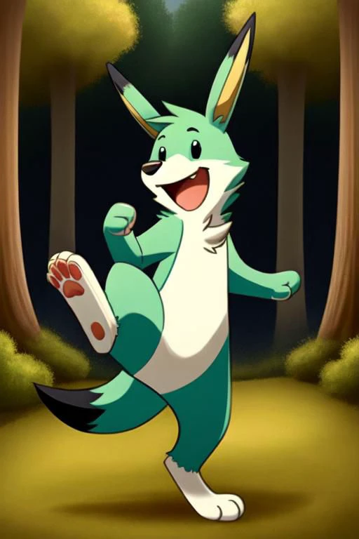 rooey, rooi, louie, louie bomberman, green fur, forest setting, detailed, smile, open mouth, :d, kicking, feralfoot, pawpads