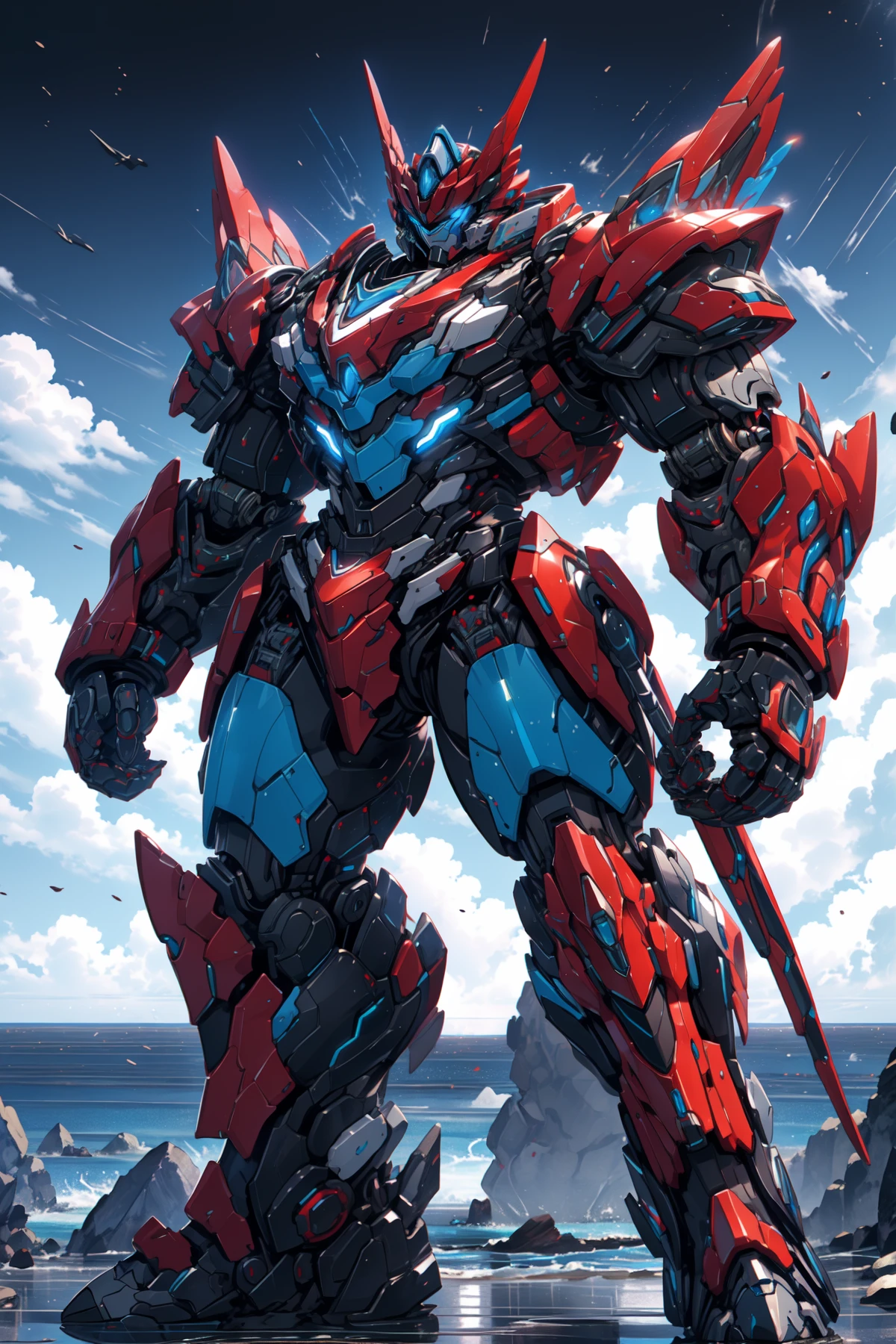 nijimecha,red mech standing in an endless sea,deep sea,mech with heavy armor,thick limbs,energy core,power armor,full armor,best quality,masterpiece,no human being,v-fin,<lora:nijimecha-p12:0.6>,blue theme,