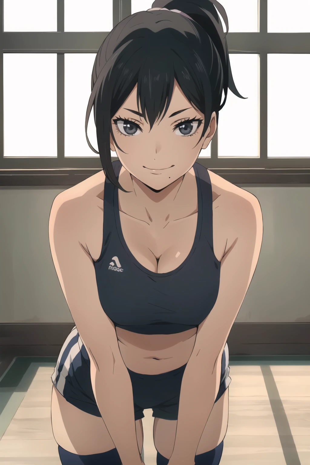 ((best quality)),((highly detailed)),masterpiece,absurdres,detailed face,beautiful face,(detailed eyes, deep eyes),(1girl),((dynamic pose)),  <lora:KiyokoV1:0.5>,Kiyoko, 1girl, solo, black hair, grey eyes, ponytail, sitting, sports bra, cleavage, breasts, short shorts, knee high socks,  mole, mole under mouth, upper body, closed mouth, looking away, indoors, looking to the side, bangs, seductive grin, seductive look, looking at viewer, mole under eye, standing, seductive pose