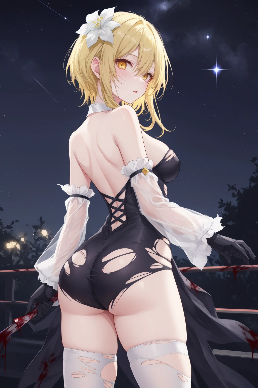 1girl, blonde hair, solo, torn clothes, ass, hair flower, hair ornament, blood, breasts, yellow eyes, night, blood on face, white flower, short hair with long locks, night sky, starry sky, sky, gloves, bare shoulders, blood on clothes, looking at viewer, medium breasts, bangs, torn thighhighs, thighs, from behind, looking back, orange eyes, po style, s6xryc3, add9evlo65x, sfd6de8tv, sd6cepo5s, sf6ce9w8hd, sd69eogd, 5wsd6gics
