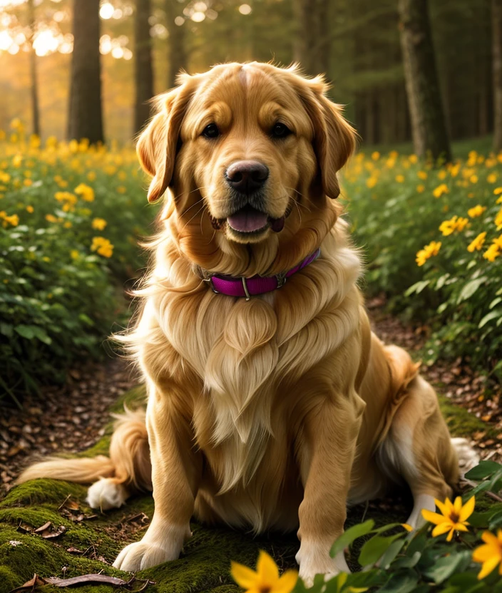 <g0ld3n>, Enchanted forest, spectacular light, upper body, Leaves, sunset, foglie, Colorful flowers, close portrait photo