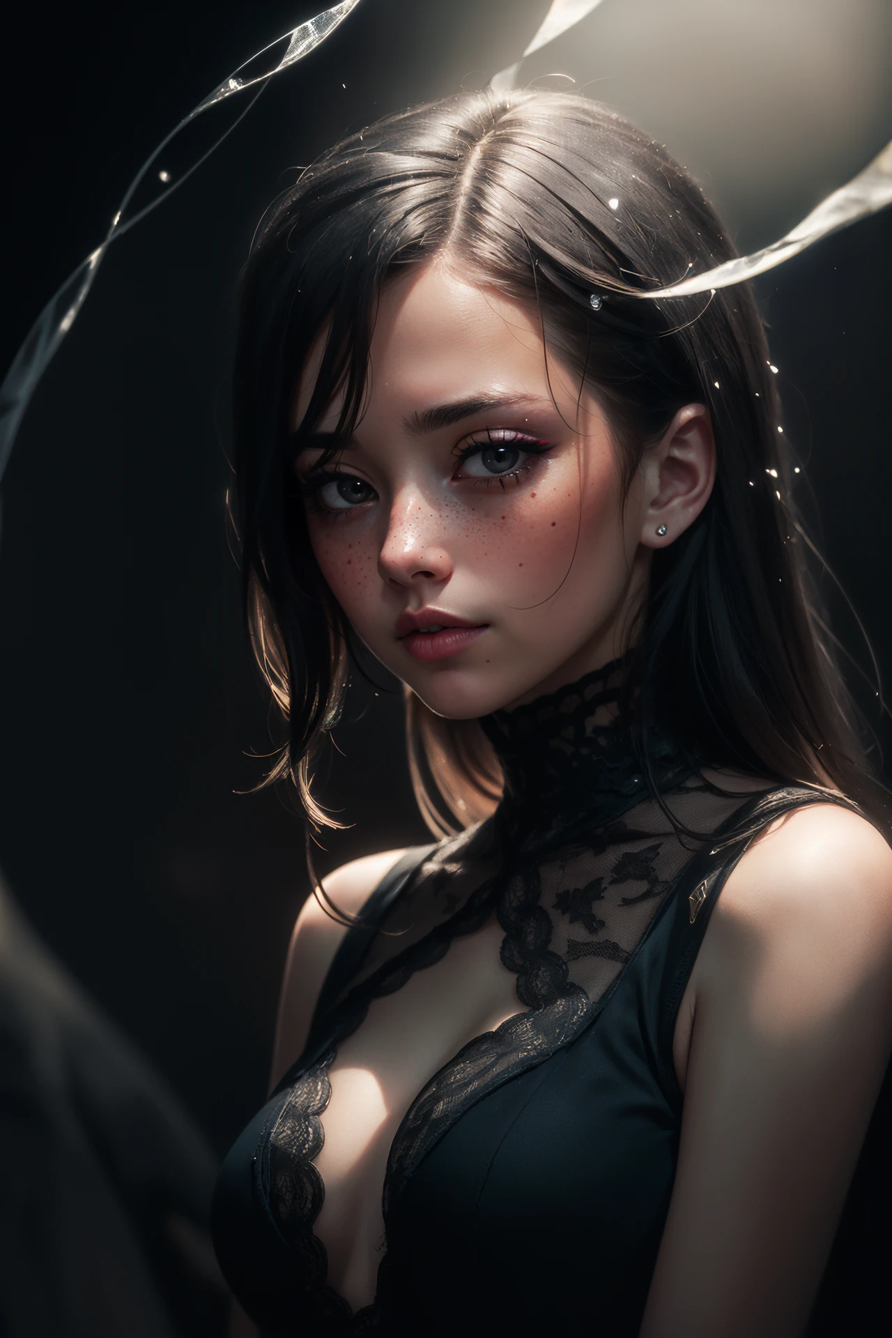 ((8k, best quality, masterpiece:1.3)), ((Rule of thirds)), SkinHairDetail, ((black background)),
((provocative)), ((spiraling light)),
(victorian theme:1.1), false confidence, investigator of the unknown, tattered adventuring gear, gloves, dark color scheme, ancient apocalyptic prophecy,,psychological struggle, antique glyphs, shadowy tendrils in background, low light, early 20th century mysterious Lovecraftian atmosphere,
((swirling wind)), ((bokeh)), ((reflective)),
((light passing through hair)),
(((light patterns on skin))), (((shadow play))), ((glamour photography)), ((diffused lighting)),