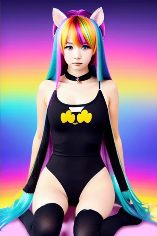 1girl, rainbow background ,1girl, solo, long hair, thighhighs, looking at viewer, breasts, animal ears, sitting, black thighhighs, hair ornament,, ass, water, hair between eyes, very long hair, blurry,<lora:Rainbow:1>