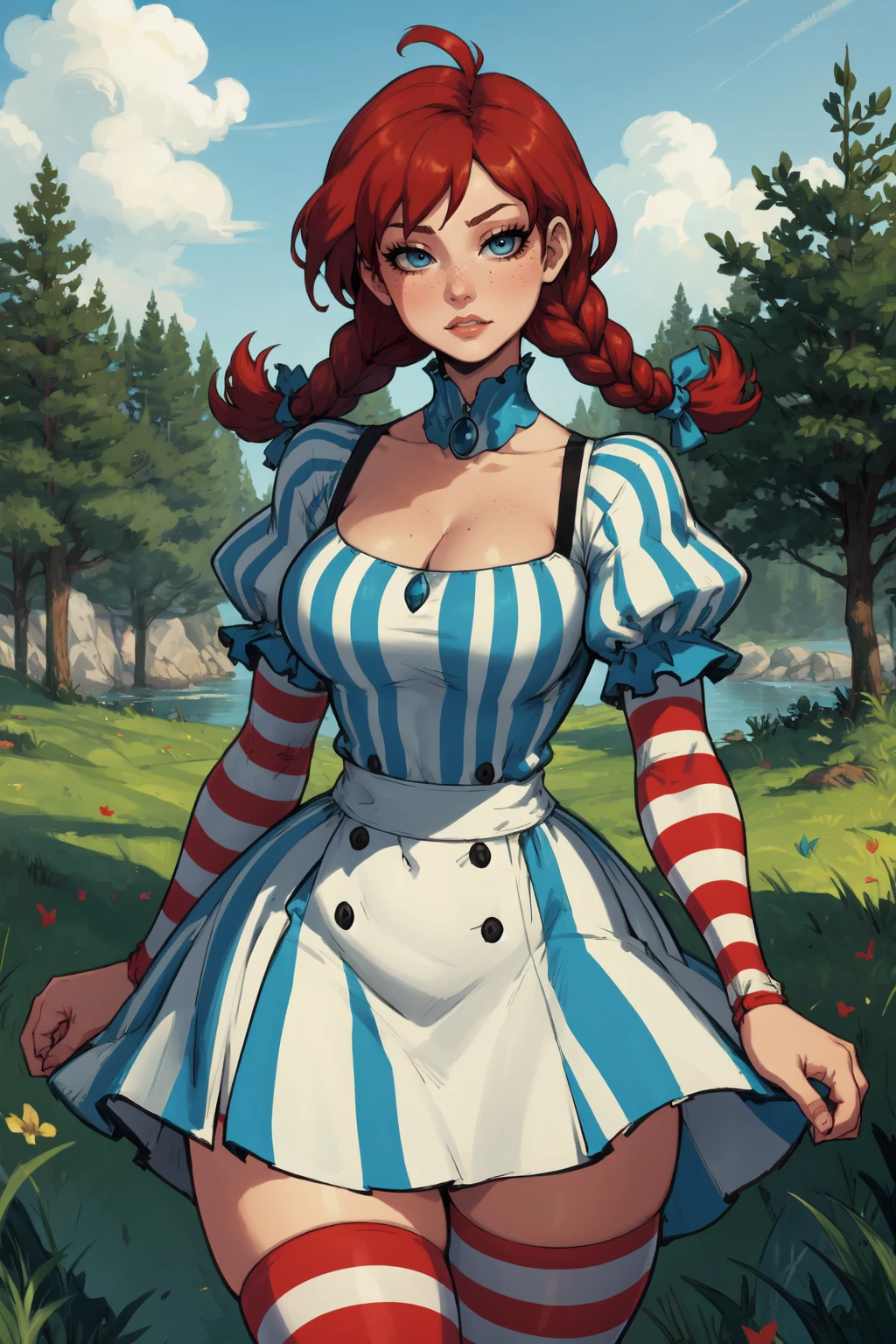 1girl, (solo:1.2), (cowboy shot:1.2), closed mouth, posing, exaggerated proportions, (expressive:1.2), (curvy)
<lora:Wendys - Wendy [justTNP - v1.0]:1> ffwendys, (twin braids), hair bow, (striped dress), striped sleeves, puffy sleeves, striped thighhighs, (red hair:1.2), (blue eyes:1.2), large breasts, curvy
BREAK <lora:Taigerarts [MockAi - v2.0]:0.85> taigerarts, (coarse lineart:1.3), simplified shading technique, vibrant colors, anime aesthetic
BREAK intricate details, (masterpiece:1.3), (best quality:1.3), (perfect anatomy:1.4) BREAK, (outside:1.2), (path in the woods:1.2), trees, temperate climate, day