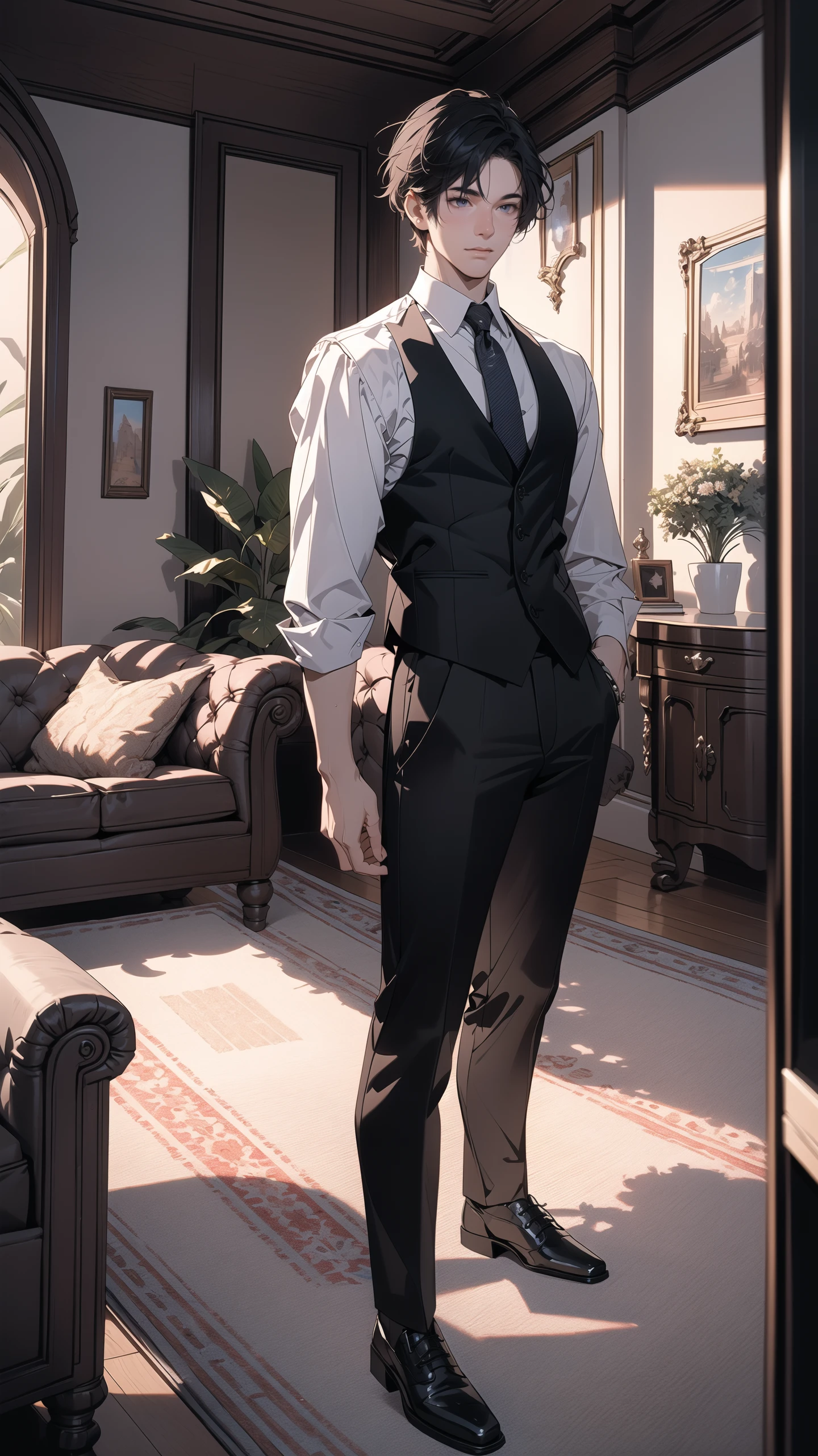 (masterpiece:1.2), (best quality:1.2), (extremely detailed:1.2), (photorealistic:1.2),(illustration:1.2),(beautiful and aesthetic:1.3),beautiful scenery,(Masterfully crafted Glow,lens flare),
(realistic:1.3), (extremely intricate:1.2), (photorealistic:1.4), (extremely delicate), (ultra realistic:1.3),(hyperrealistic 3d render), hyperrealistic photography, extremely detailed CG unity 8k wallpaper, HDR, RAW photo, dslr,
ceo,1male,mature male,solo,male focus,(full body:1.3),standing,black hair,side-split bangs,slender eyes,low brow, square jaw,(tanned brown skin:0.9),close mouth, formal,collared shirt,necktie,open jacket,black suit,black blaze,black pants,tall muscular guy,handsome face,sharp focus, wide shot,
day,indoors, living room, (intricately detailed visible background:0.6),((caustic)), floor windows, blue sky, curtains,table, couch, building, plant,reflective floor, cloud, wooden floor, dramatic shadow,bookshelf, railing, carpet,vase, hanging pictures, potted plant,
colourful,(Cinematic masterpiece),splashes of colour,beautiful, (center focus), symmetrical,(detailed glow),(intricately detailed visible background:0.6),((caustic)),ambient occlusion,photorealistic, digital painting, artstation, illustration, concept art, smooth, modern and trendy,
<lora:5éè¦æ£è¸:0.7>
