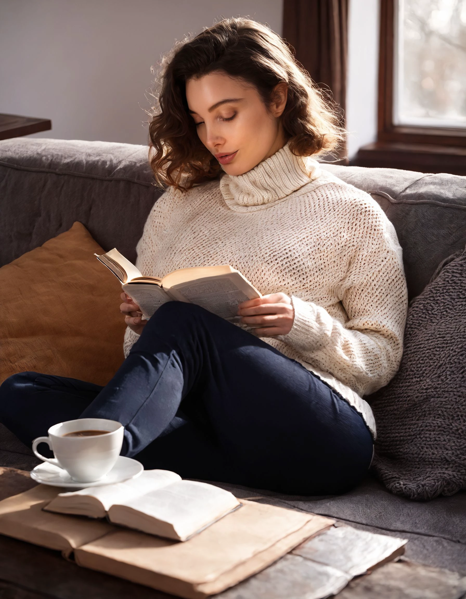 CalypsoMuseXL, cozy scene, warm turtleneck knitted sweater, seated on a sofa, Professional photo, living room setting, dappled sunlight, sipping coffee, reading a book. <lora:CalypsoMuseXL:1>