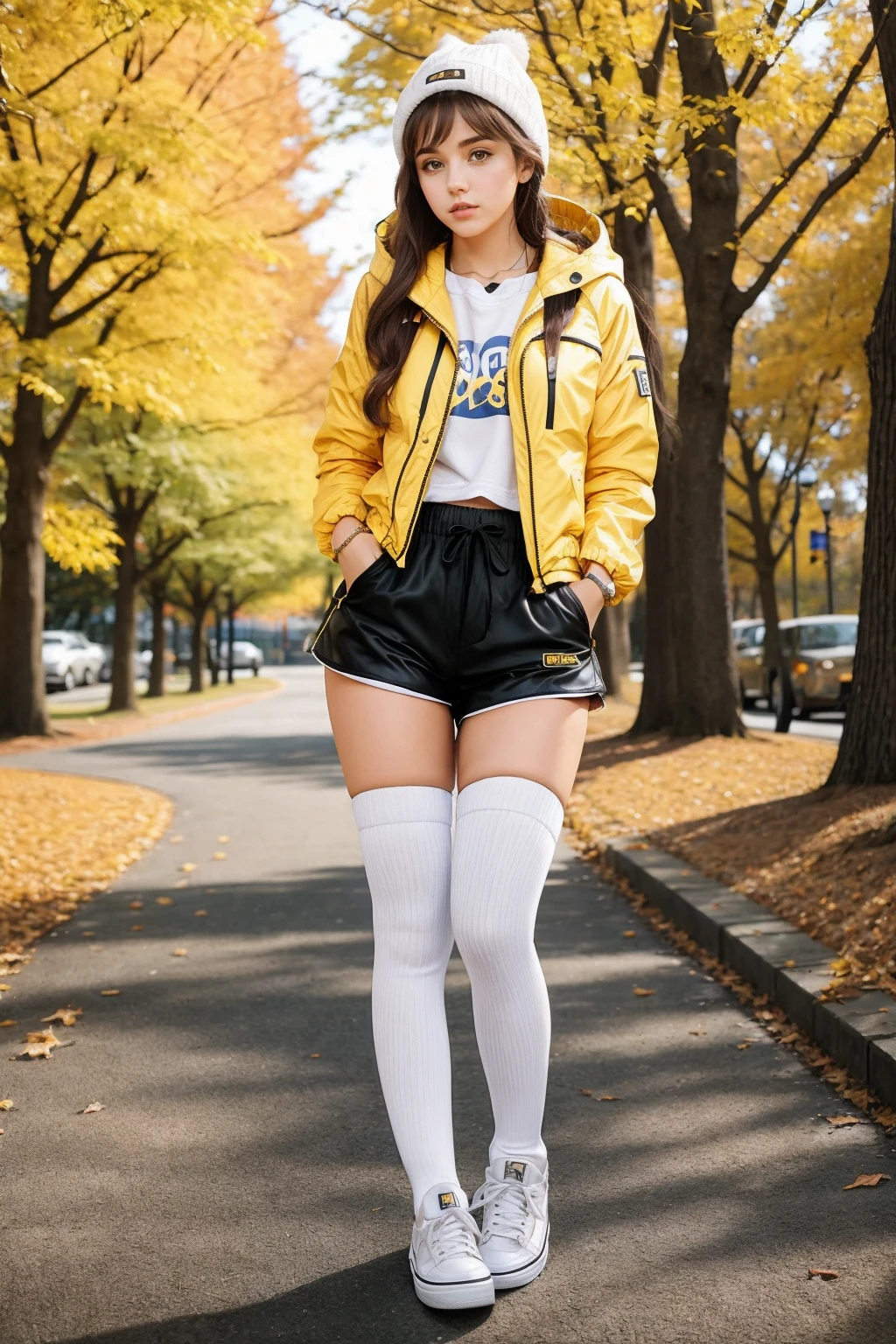 <lora:s0cks:0.9>, s0cks, 25 y.o girl, park, autumn, yellow leaves, trees, jacket, hood, standing, shorts, sneakers