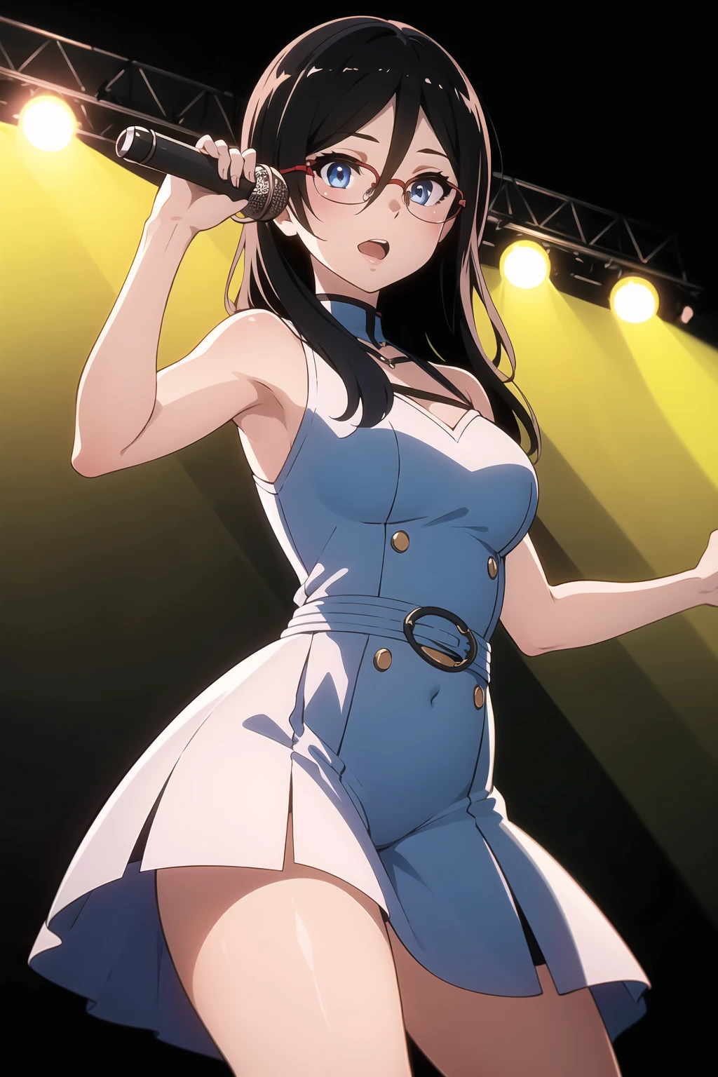 ((best quality)),((highly detailed)),masterpiece,absurdres,detailed face,beautiful face,(detailed eyes, deep eyes),1girl,((dynamic pose)), <lora:AsukaV1:0.7>,Asuka, blue eyes, solo, glasses, black hair, long hair, red-framed eyewear, hair between eyes, , over-rim eyewear, bangs, outdoors, (stage performance), (microphone:1.3), (stage lights:1.2), (singing), (captivating expression), (audience interaction), (dazzling outfit), (musical ambiance), (dynamic atmosphere), (energetic performance), (passionate delivery)