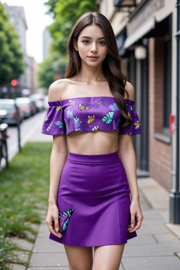 1woman, long hair, realistic, masterpiece, high detailed skin, looking at viewer, outdoor view, solo, full body shot
<lora:Butterfly_CropTop_Micro_Skirt_By_Stable_Yogi:0.8>purple micro skirt, off shoulder crop top, butterfly print, butterfly print