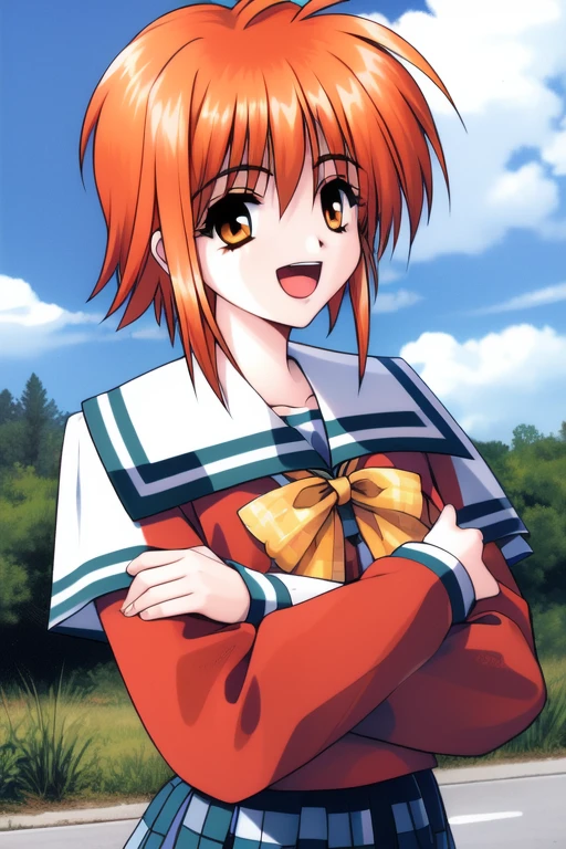 <lora:Akumu95_AoiKajitsunoSange:0.8>,akumu, 1girl, solo, short hair, school uniform, long sleeves, smile, open mouth, upper body, jewelry, orange hair, earrings, crossed arms, brown hair,
school uniform, long sleeves, blue_sky, school, cowboy Shot, plaid, smile,
1990s \(style\), masterpiece, high quality, very_high_resolution, large_filesize, full color,