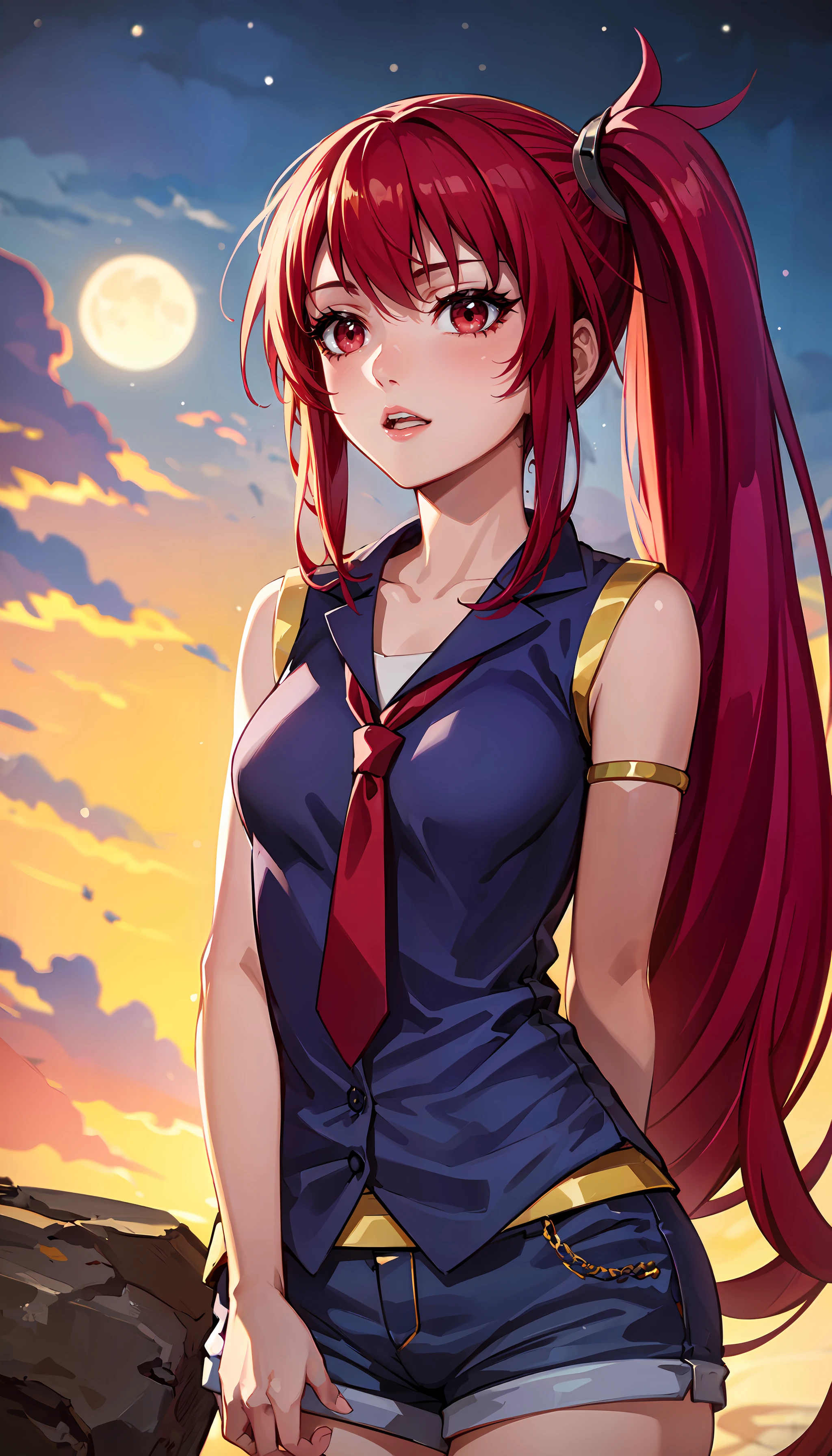 photorealistic, (4k), depth of field, (Masterpiece), (realistic skin texture), extremely detailed, intricate, hyper detailed, professional photography, bokeh, high resolution, sharp detail, best quality, girl, long hair, red hair, side ponytail, red eyes, (blue) shirt, shorts, sleeveless, gold armlet, red tie, <lora:Sera-000004:0.8> , <lora:GoodHands-beta2:0.8> , <lora:detail_slider_v4:0.8> , relaxing, dynamic pose, (looking up), night sky, stars, full moon, clouds,