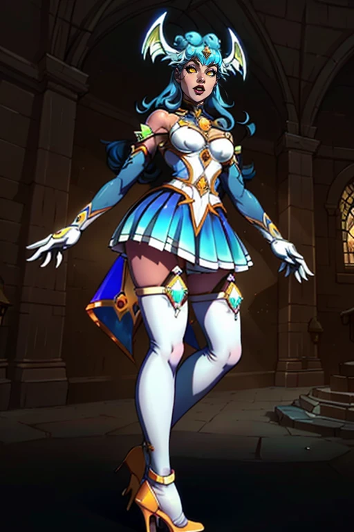masterpiece,best quality,extreme detail,8k,image sharpness,<lora:lilith-10:0.8>, lilith2,1girl,solo,long hair,breasts,bangs,skirt,thighhighs,gloves,dress,bare shoulders,medium breasts,blue hair,full body,yellow eyes,elbow gloves,indoors,white gloves,high heels,white thighhighs,zettai ryouiki,star guardian (league of legends),