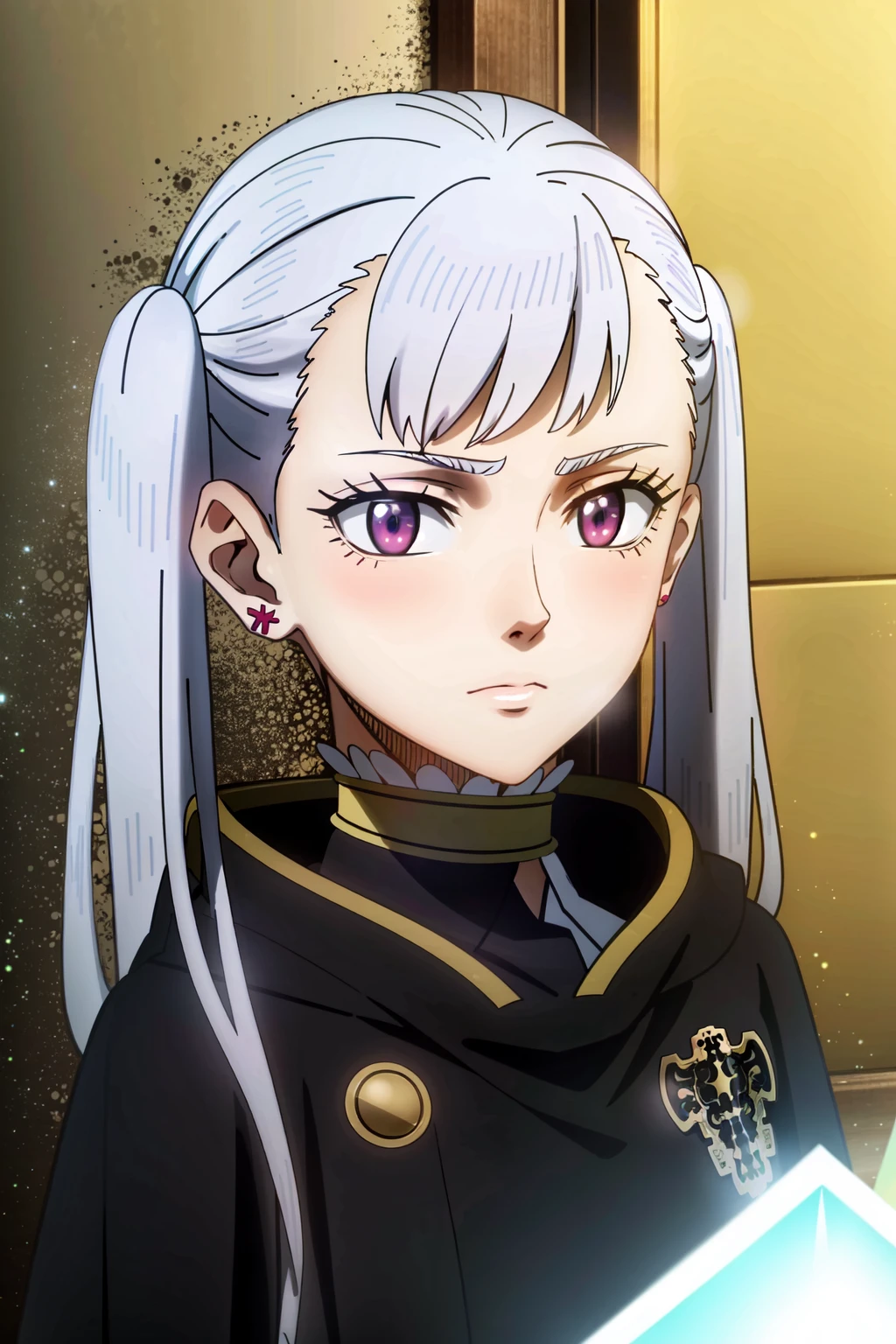 1girl, solo, twintails, earrings, purple eyes, jewelry, long hair, frown, parody, anime coloring, portrait, upper body, closed mouth, grey hair, white hair, looking at viewer
<lora:Prodigy_BlackClover_Noelle:0.8>