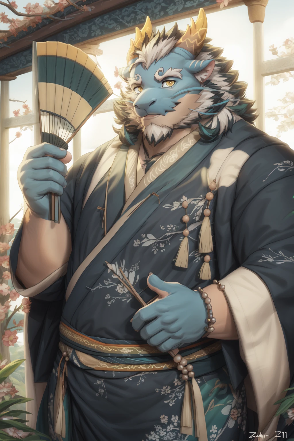 <lora:qinglong-09:1>, qinglongtas, musclegut, orange eyes, (pose:1.3), (posing:1.3), (soft shading), 4k, hi res, ((detailed face, (detailed eyes:1.0), detailed)), (full body), by zackarry911, by zaush, (by personalami:0.5), looking at viewer, smile, 1boy, holding, yellow eyes, upper body, male focus, multicolored hair, japanese clothes, kimono, hand fan, holding fan, haori,