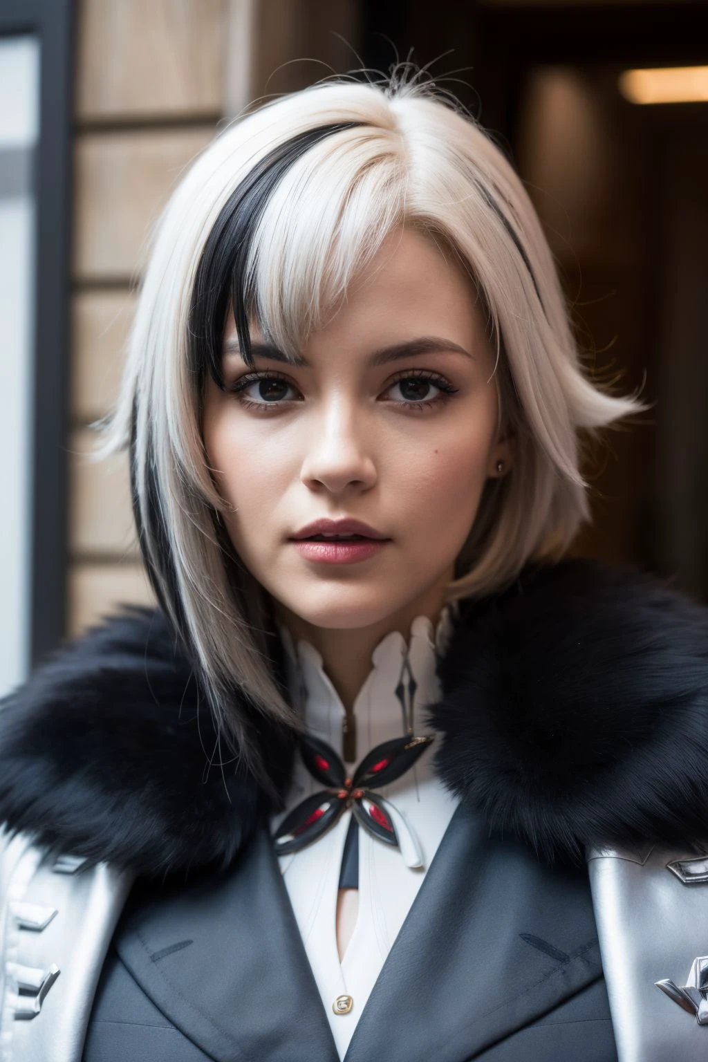 ((best quality, realistic)), <lora:Arlecchino_02:1> arlecchino, streaked hair, (grey hair), hair between eyes, short hair, (symbol-shaped pupils, x-shaped pupils), red pupils, gloves, black gloves, jewelry, fur trim, coat, fur-trimmed coat, white coat,