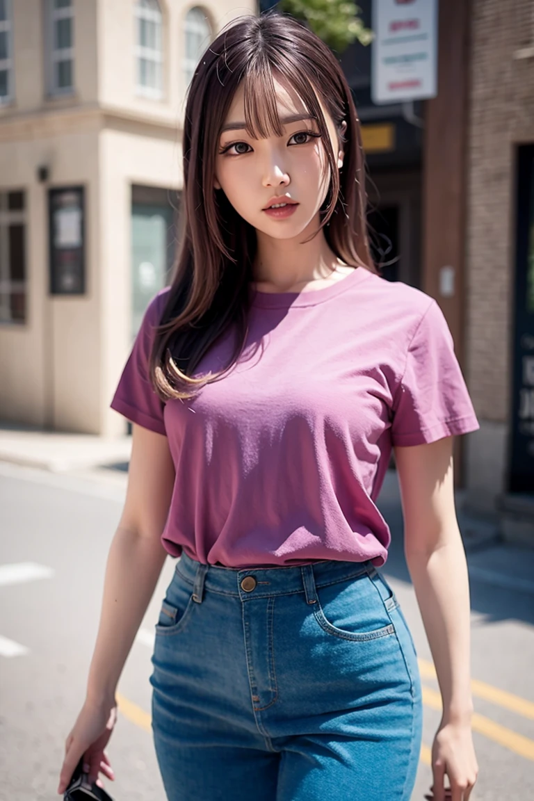 gfyuju, bang hair, urban, streets, RAW,(8k, best quality, masterpiece:1.2),(intricate details:1.4),(photorealistic:1.4),octane render, complex 3d render ultra detailed, studio soft light, rim light, vibrant details, ultra detailed, realistic skin texture, detailed face, beautiful detailed eyes, extremely detailed CG unity 8k wallpaper, makeup, (detailed background:1.2), (cowboy shot:1.2),(hip),(perfect anatomy:1.2),(pink tshirt, blue long pants:1.2), <lora:gfyuju-v1:1>
