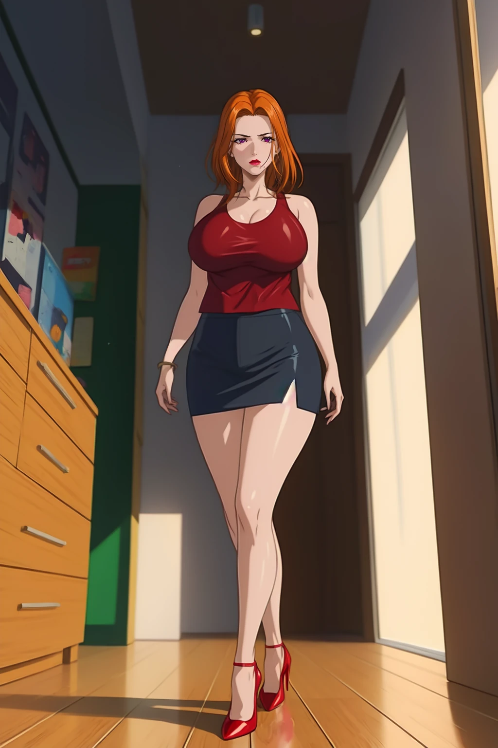 (masterpiece, highres, high quality:1.2), cinematic lighting, detailed,
NaomiSakamoto, 1girl, mature female, solo, walking, full body,
determined, looking at viewer,
orange hair, long hair lipstick, purple eyes, jewelry, (mole under mouth:0.8),
red tank top, pencil skirt, (high heels:1.2),
curvy, large breasts, thighs,
indoors, school, day, sky, complex background,
<lora:NaomiSakamoto:0.9>