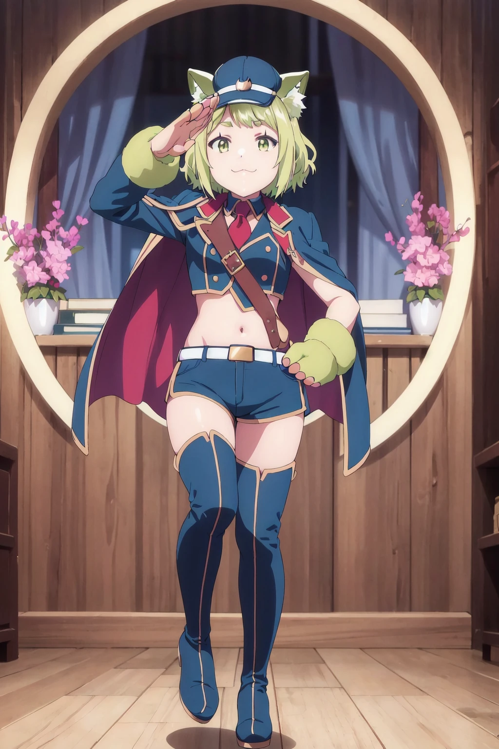 <lora:ikenaiMiaha:1>, ikenaimiaha,belt,shorts,1girl,solo,jacket,uniform,headwear,cape,animal hands,footwear,thigh boots,:3,salute,seductive_smile,