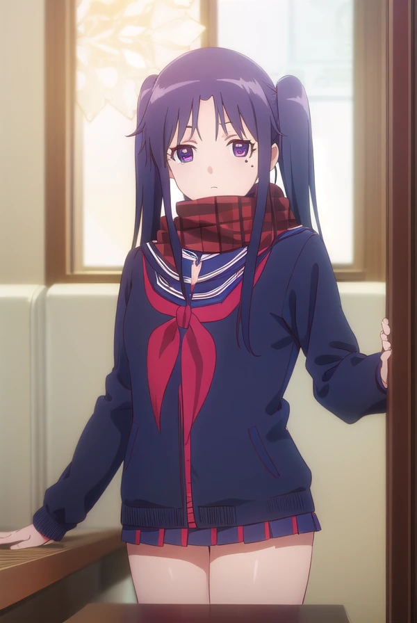 miriyanagiba, <lora:miri yanagiba s1-lora-nochekaiser:1>,
miri yanagiba, long hair, black hair, twintails, (purple eyes:1.1), mole, mole under eye,
BREAK school uniform, serafuku, scarf, red scarf, (blue serafuku:1.5),
BREAK indoors, restaurant,
BREAK looking at viewer, (cowboy shot:1.5),
BREAK <lyco:GoodHands-beta2:1>, (masterpiece:1.2), best quality, high resolution, unity 8k wallpaper, (illustration:0.8), (beautiful detailed eyes:1.6), extremely detailed face, perfect lighting, extremely detailed CG, (perfect hands, perfect anatomy),