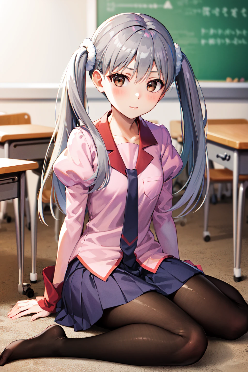masterpiece, best quality, highres, aasodachi, long hair, twintails, brown eyes, school uniform, necktie, pink shirt, puffy sleeves, long sleeves, purple skirt, black pantyhose, <lora:oikura_sodachi_v1:0.8>, classroom, wariza