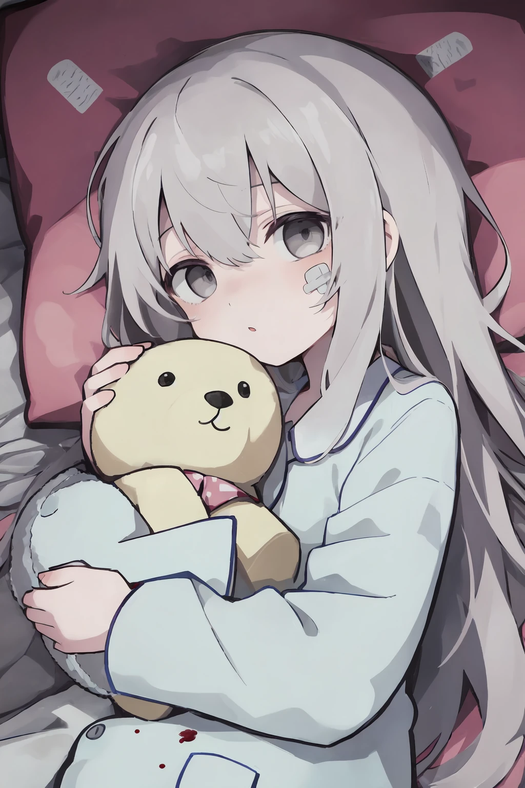 1girl,bandaid,stuffed toy,stuffed animal,pajamas,solo,long sleeves,long hair,white hair,blood,grey eyes,lying,chibi,so-style,