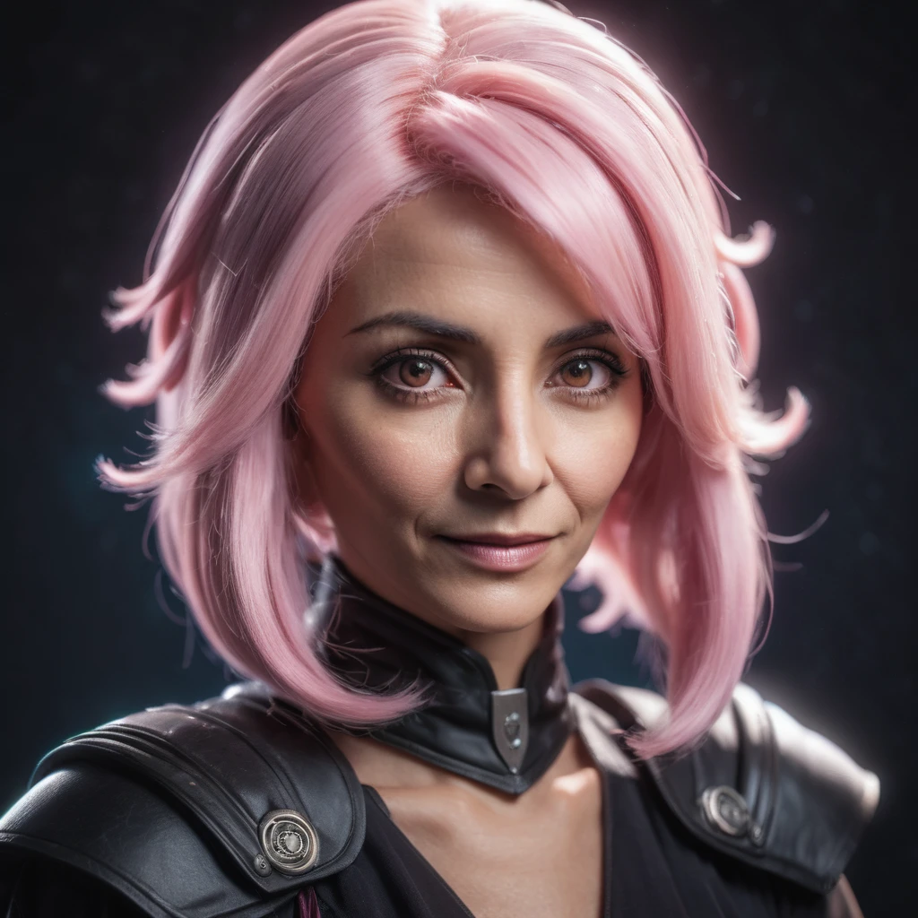 photograph, cinematic color grading, solo character portrait, middle aged woman, hair: glimmering light pink hair, antenna hair, nationality: Yemeni, loremistress, dark background<lora:EnvyCharacterPortraitHelperXL01:1.0>
