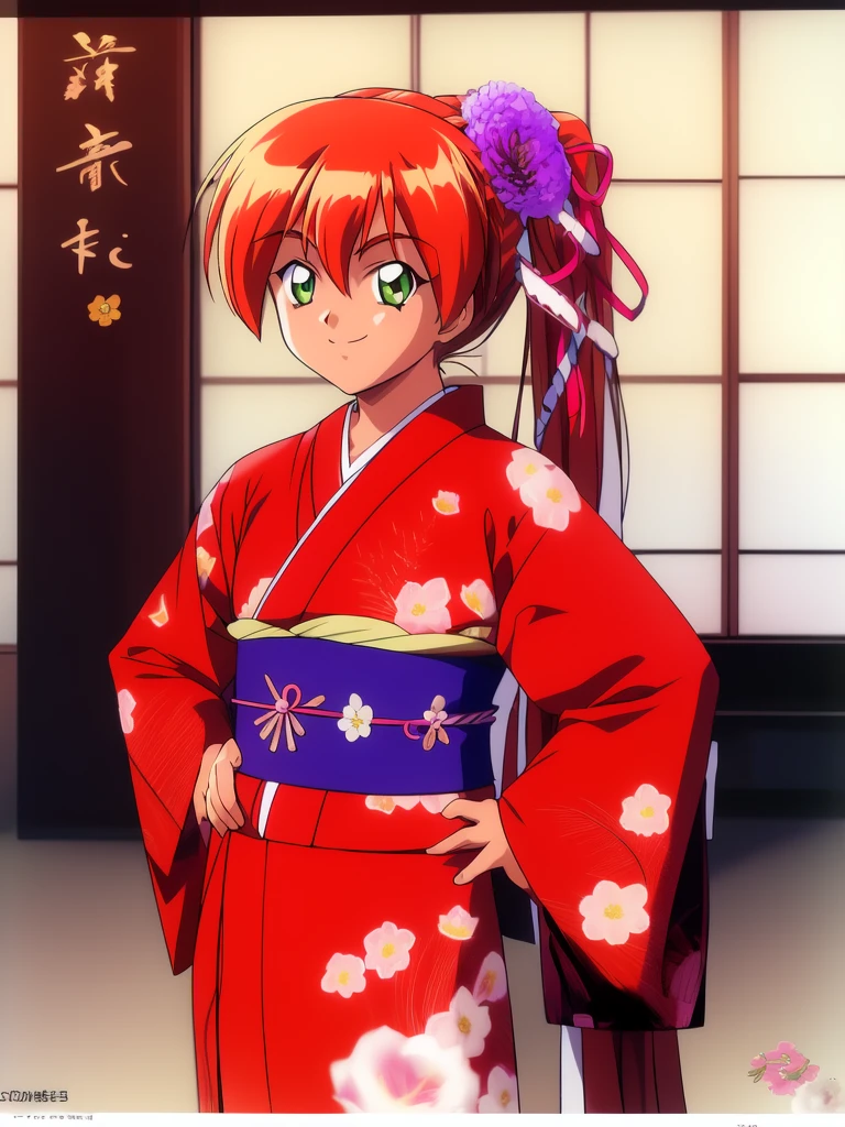 <lora:Akai_Homura:1>ãAkaiHomura, 1girl, japanese clothes, solo, kimono, obi, hair ornament, sash, flower, hair flower, red kimono, holding, smile, Japan in the room,
floral print, looking at viewer, long sleeves, ponytail, food, fruit, bangs, ribbon, 1990s (style), wide sleeves, obijime, high ponytail, cowboy shot, hair ribbon, retro artstyle, hand on hip, standing, pink flower,
masterpiece, high quality, very_high_resolution, large_filesize, full color,