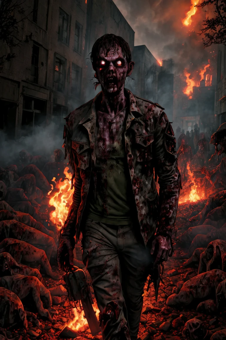zombie movie scene, zombie hoard,(((( zombies)))), more zombies, out door urban zombies battle, NSFW, fire, smoke, zombies hoard, POW FPS , movie still by <lora:NecroWars-000008:0.7> ,(NecroWars) , re-animator, bride of the re-animator, resident evil, the Walking Dead