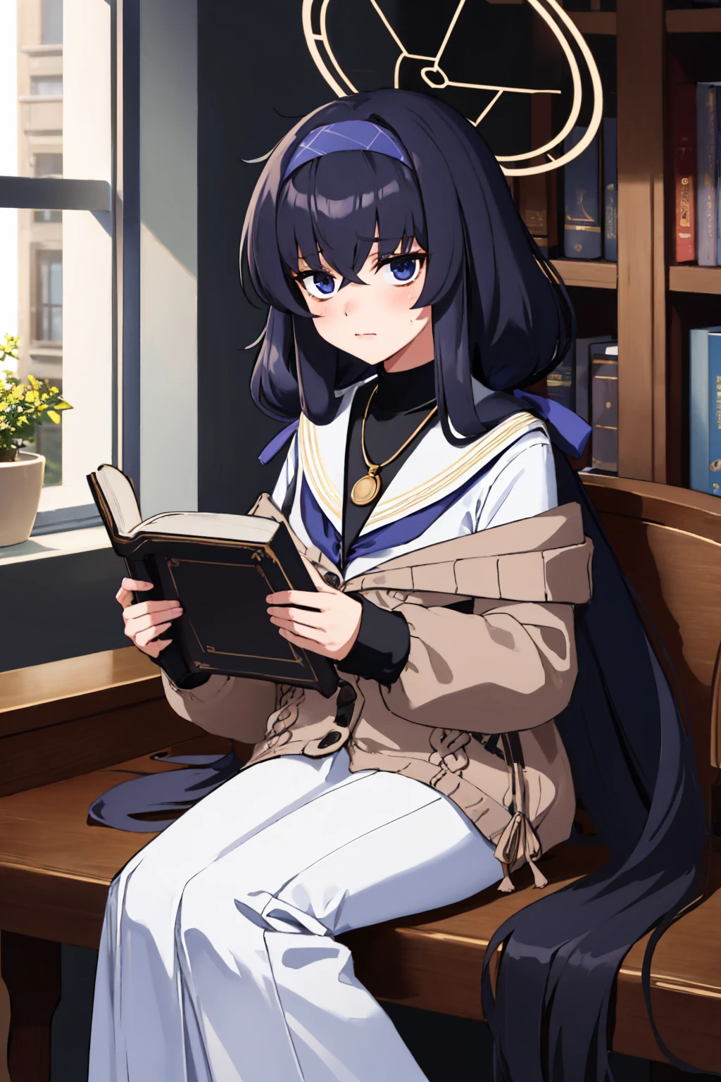 (masterpiece, best quality:1.2), solo, 1girl, ui kozeki, shy, looking at viewer, spoken question mark, holding book, low twintails, hairband, halo, bags under eyes, school uniform, cardigan, off shoulder, long sleeves, serafuku, long skirt, white skirt, necklace, library <lora:ba_kozekiui:1>